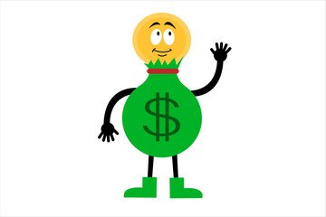 Smilling money bag character waving