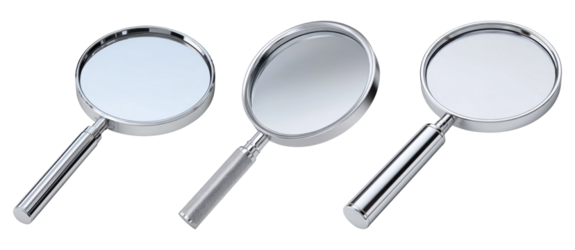 Set of three chrome magnifying glasses with reflective lenses, PNG