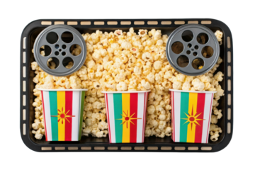 PNG Colorful striped movie night popcorn tray with film reels and striped cups