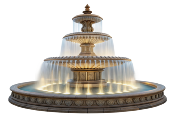 PNG Grand tiered stone fountain with flowing water and soft lighting