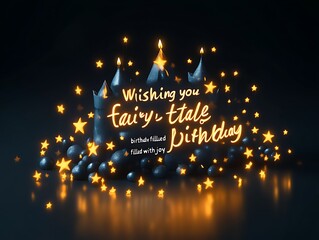 Dark castle-shaped candle with "Wishing you fairy tale birthday" message surrounded by glowing stars.