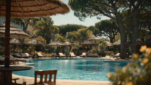 Tropical resort pool area with sunshades and loungers - Powered by Adobe
