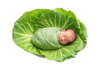 PNG Sleeping baby wrapped in green blanket on cabbage leaves