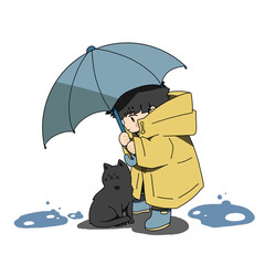 雨　梅雨　子供　傘　猫　雨宿り　水溜まり　カッパ　長靴