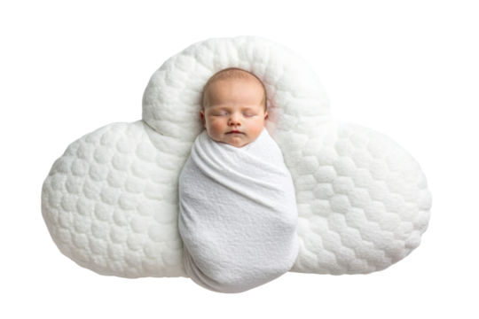 PNG Sleeping infant wrapped in blanket on cloud-shaped cushion