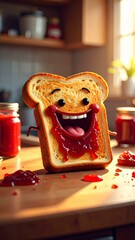 Custom AI Model Happy Toast, Kitchen Scene, Jam, Bread, Cartoon, Delightful Breakfast, Sweet Treat, Red Fruit Spread