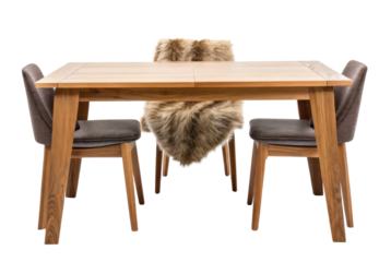 PNG Wooden dining table set with four chairs and faux fur throw