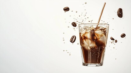 Iced coffee in a glass with splashing coffee beans