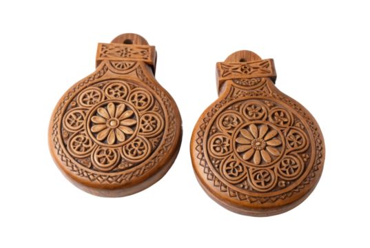 PNG Intricate wooden ornaments with carved floral patterns