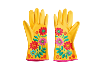PNG Colorful floral yellow cleaning gloves with flower designs
