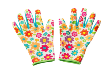 PNG Colorful floral gardening gloves with vibrant multicolor design on black background