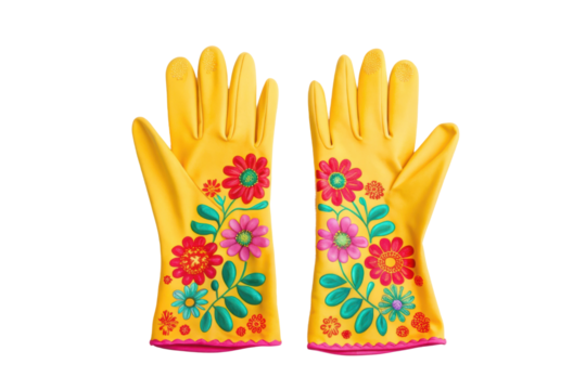 PNG Colorful floral yellow cleaning gloves with flower designs