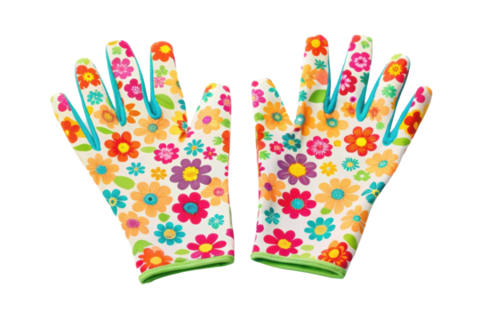 PNG Colorful floral gardening gloves with vibrant multicolor design on black background