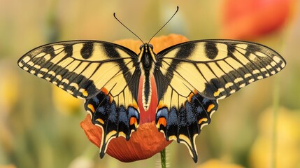 Fototapeta premium Close-Up of Black and Yellow Swallowtail Butterfly on Poppy Blossom Rear View in Natural Habitat