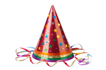 PNG Colorful party hat with star patterns and streamers on black background