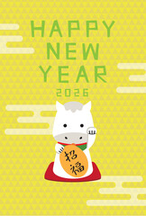 年賀状2026招き馬　招福　雲　黄色背景　縦　白馬