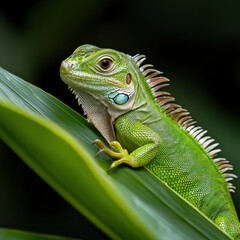 Obraz premium A vibrant green iguana rests peacefully on a large leaf, its textured skin and watchful eye showcasing nature's intricate details in a close-up portrait.