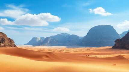 Fototapeta premium Majestic Desert Landscape with Sand Dunes and Distant Mountain Ranges Under a Clear Sky