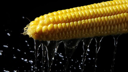 Steaming corn on the cob, close-up, water droplets.