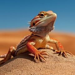 Obraz premium A bearded dragon lizard with detailed scales, reddish orange colo, and spiky beard sits on a sandy surface against a clear blue sky background looking ahead.
