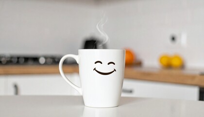 Custom AI Model  Happy Smiling Mug Steaming Hot Coffee Kitchen Morning Joy