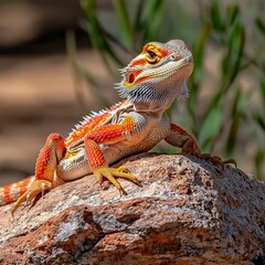 Obraz premium A colorful bearded dragon perches alertly on a textured rock, its vibrant orange and yellow scales contrasting with the greenery behind it in bright sunlight.