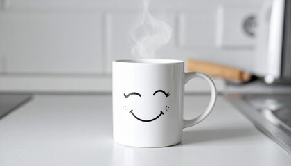 Custom AI Model  Happy Smiling Mug Steaming Hot Coffee Kitchen Morning Joy