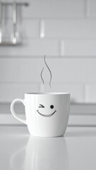 Custom AI Model  Happy Smiling Mug Steaming Hot Coffee Kitchen Morning Joy