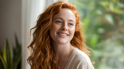Naklejka premium A smiling redhead girl exudes warmth and joy, capturing a moment of natural beauty and serenity. 