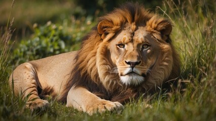 A lion resting in the grass 