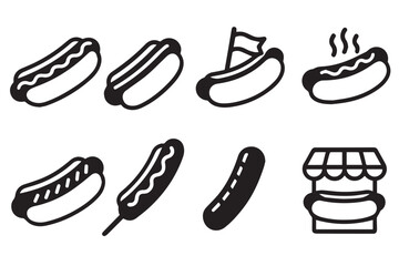 Minimalist and clean icons of hot dog symbols with different variations, showcasing hot dog, condiments, food carts, and more in a line art icon set
