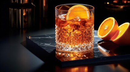 Refreshing orange cocktail on a marble surface.