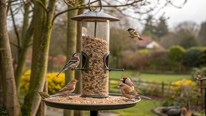 Create a realistic picture with birds and a bird feeder