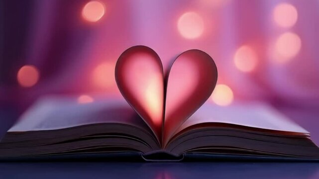 An open book's pages form a red heart shape, a romantic symbol of love for literature and reading