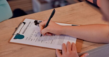 Person, hands and writing with registration at gym for membership application or sign up at front desk. Closeup, customer or member filling in form, survey or contract for agreement at health club