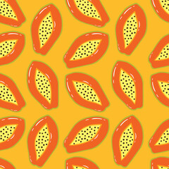 Seamless Hand Drawn Ripe Papaya Fruit Cut In Half Pattern Design Yellow Background