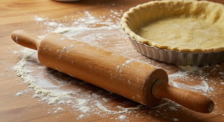 Baking still life with rolling pin and pie crust preparation on rustic countertop for culinary creations