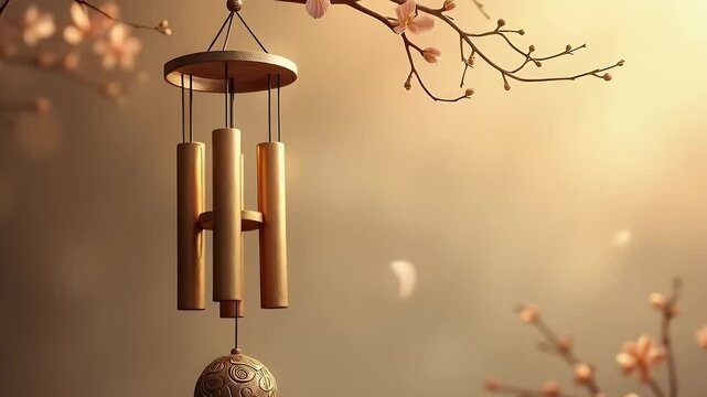Minimalist digital illustration of a hanging brass wind chime with soft light reflections, suspended over a blurred natural background, symbolizing flow, prosperity, and calm

