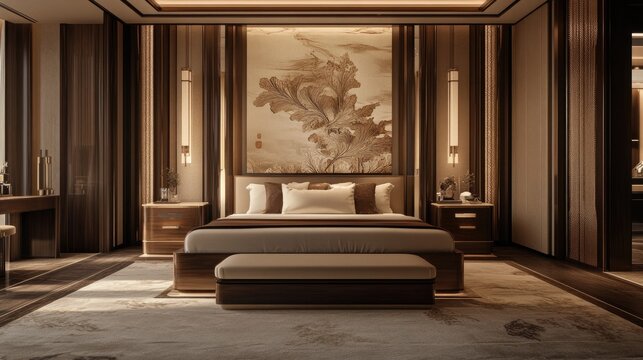 Luxurious bedroom interior design with warm tones.