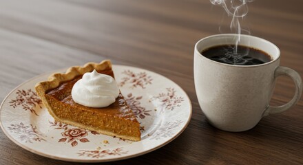Pumpkin pie slice with coffee still life delicious dessert warm drink and relaxing moment