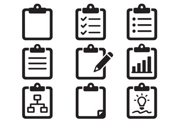 Variety of clipboard icons with features like lists, graphs, and writing tools, perfect for organizing information and managing tasks, icon set