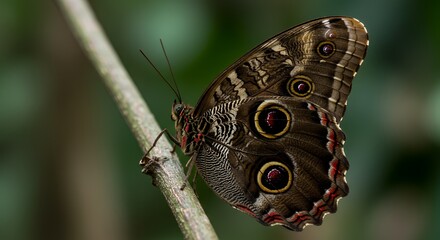Spectacular Owl Butterfly on Branch