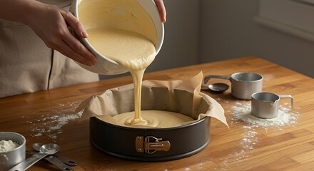Pouring Cake Batter into Baking Pan Delicious Homemade Cake Recipe