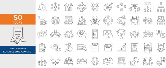 Partnership Line Icon Set – Business, Agreement, Teamwork, Collaboration, Communication & Documentation – Editable Line icon