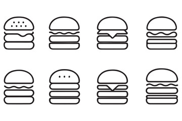 Stylized burger icons with different layers and toppings, ideal for food menus, restaurant logos, and culinary projects, icon set