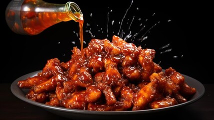 Glazed chicken pieces being drizzled with sauce.