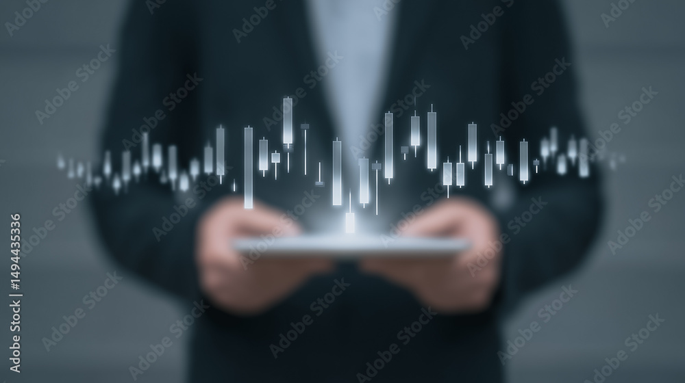 Poster data analyst and analytics: a business professional analyzing data trends on a digital tablet, with 