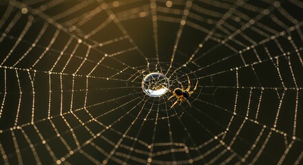 Obraz premium Spiderweb with Dewdrop and Spider at Dawn
