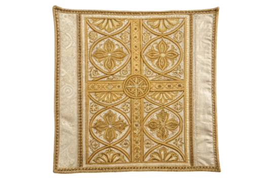 PNG Ornate gold embroidered tapestry with intricate floral patterns on ivory background