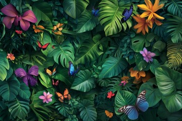A lush jungle scene with vibrant green leaves, exotic flowers, and colorful butterflies fluttering around. 